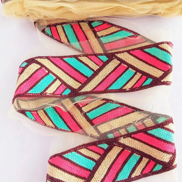 Beige Net With Beige, Pink, Green And Brown Embroidery